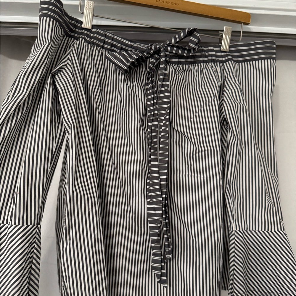 LOFT Dark Grey & White Striped Off the Shoulder Long Sleeve Cotton Blouse, XS